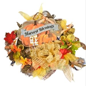 Hand Crafted handmade holiday wreath Harvest Blessings Gnome fabric plaid ribbon